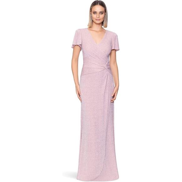 Xscape Metallic Flutter-Sleeve Glitter Gown Rose Pink Size 16 NWT - Picture 1 of 9